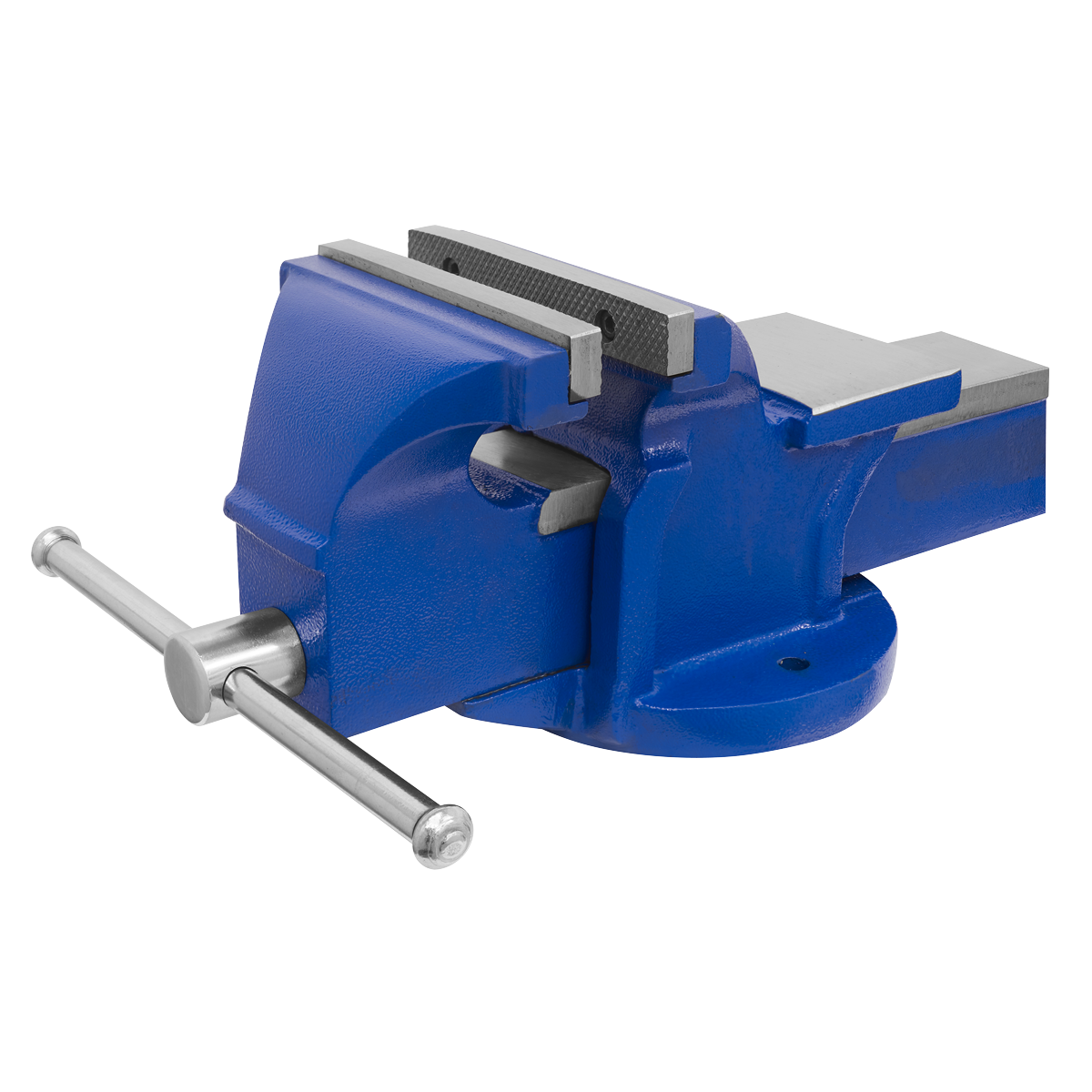 A Sealey Vice 150mm Fixed Base (CV150E) features a blue metal cast iron body with serrated steel jaws and is equipped with a silver handle.