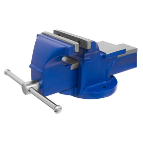 A Sealey Vice 150mm Fixed Base (CV150E) features a blue metal cast iron body with serrated steel jaws and is equipped with a silver handle.