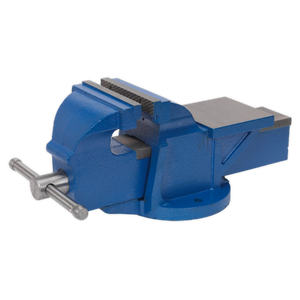 The Sealey Vice 150mm Fixed Base Professional Heavy-Duty - CV150XT features a robust blue cast iron body, serrated steel jaws, and a silver handle for tightening, all mounted on a fixed base.