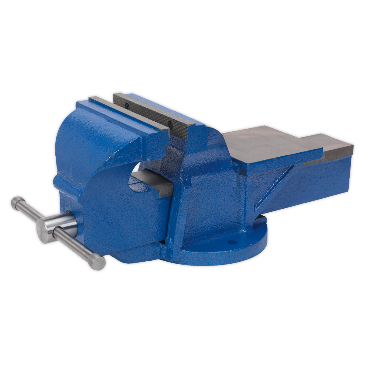 A professional heavy-duty bench vise, known as the Sealey Vice 200mm Fixed Base - CV200XT, features a stable base, serrated steel jaws, and a screw mechanism for securely holding workpieces.