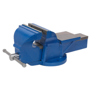 A professional heavy-duty bench vise, known as the Sealey Vice 200mm Fixed Base - CV200XT, features a stable base, serrated steel jaws, and a screw mechanism for securely holding workpieces.