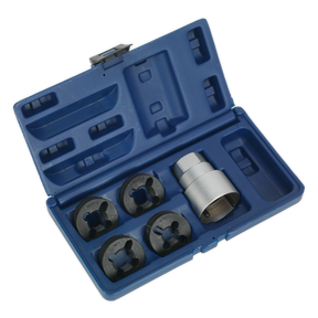 The Sealey Reverse Action Wheel Stud Thread Restorer Kit - Commercial - CV203 is a blue plastic storage case that contains four black circular dies for cleaning damaged threads and a metal tool, all organized in designated slots, and suitable for various wheel bolt thread sizes.