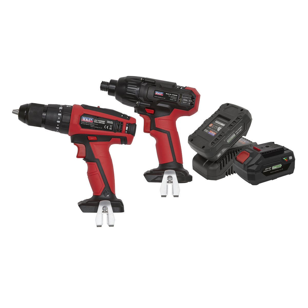 Two red Sealey 20V SV20 Series Cordless Ø13mm Combi Drill/1/4" Hex Drive Impact Driver Combo Kits with black handles are placed next to two black Power Tool Batteries on a white background.