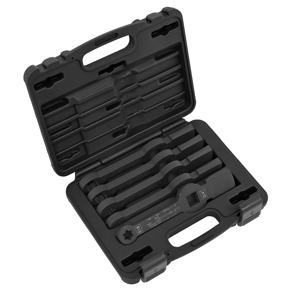 A black plastic case from the Sealey brand containing a set of five organized black metal Brake Caliper Slogging Wrenches (CV212) with foam cutouts for secure placement. The case is open, displaying the contents inside, including a torque wrench ideal for maintaining commercial vehicles.