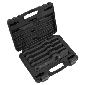 A black plastic case from the Sealey brand containing a set of five organized black metal Brake Caliper Slogging Wrenches (CV212) with foam cutouts for secure placement. The case is open, displaying the contents inside, including a torque wrench ideal for maintaining commercial vehicles.