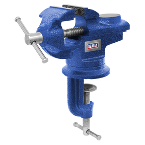 A 50mm Portable Bench & Table Vice with a 360° swivel base and a screw clamp, carrying the Sealey logo. The bench clamp design ensures it securely holds objects for various tasks.
