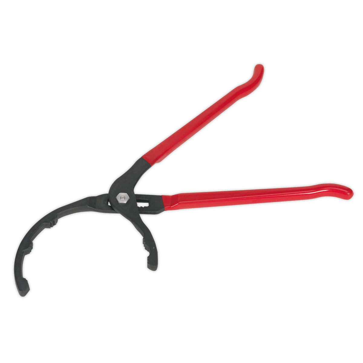 The Sealey Oil Filter Pliers Ø95-178mm - Commercial - CV6412 is a versatile tool featuring a red handle and a black grip mechanism, designed with an adjustable head for easily removing and installing commercial filters.