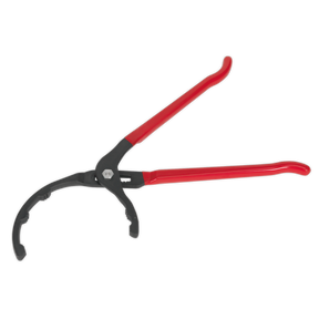 The Sealey Oil Filter Pliers Ø95-178mm - Commercial - CV6412 is a versatile tool featuring a red handle and a black grip mechanism, designed with an adjustable head for easily removing and installing commercial filters.