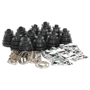 A pack of Sealey Universal Stretch CVJ Boots Ø56-116mm (CV9612), which includes 12 black rubber accordion-style hoses, metal clamps, and silver foil pouches, is arranged together, likely comprising automotive parts.