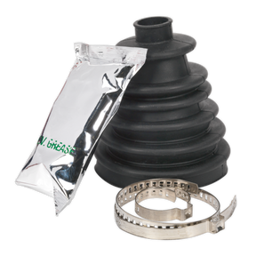 A high-quality Universal Stretch CVJ Boot Ø56-116mm (CV96) from Sealey, a small foil packet of grease, and a metal clamp are displayed on a white background.