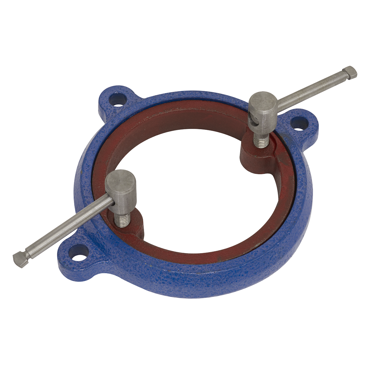 A blue circular pipe clamp with two silver tightening bolts, two mounting holes, and a 360° swivel base adaptor. Product Name: Swivel Base for CV100XT - CVXTB100 by Sealey.