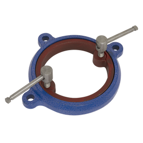 A blue circular pipe clamp with two silver tightening bolts, two mounting holes, and a 360° swivel base adaptor. Product Name: Swivel Base for CV100XT - CVXTB100 by Sealey.