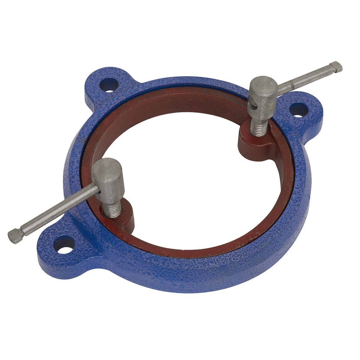 The Sealey Swivel Base for CV125XT - CVXTB125 is a blue and red circular pipe support clamp equipped with two adjustable metal bolts and an adaptor plate for versatile mounting. It is ideal for securing pipes in place.