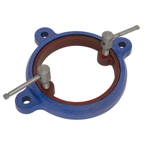 The Sealey Swivel Base for CV125XT - CVXTB125 is a blue and red circular pipe support clamp equipped with two adjustable metal bolts and an adaptor plate for versatile mounting. It is ideal for securing pipes in place.