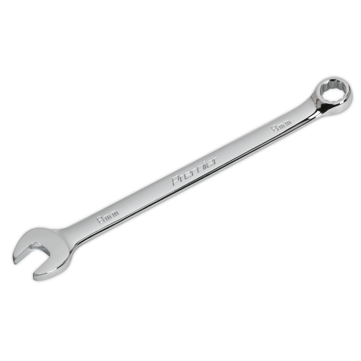 A silver combination spanner with an open-end and a box-end, marked with "8 mm" and "CW08," crafted from durable Chrome Vanadium steel by Sealey.