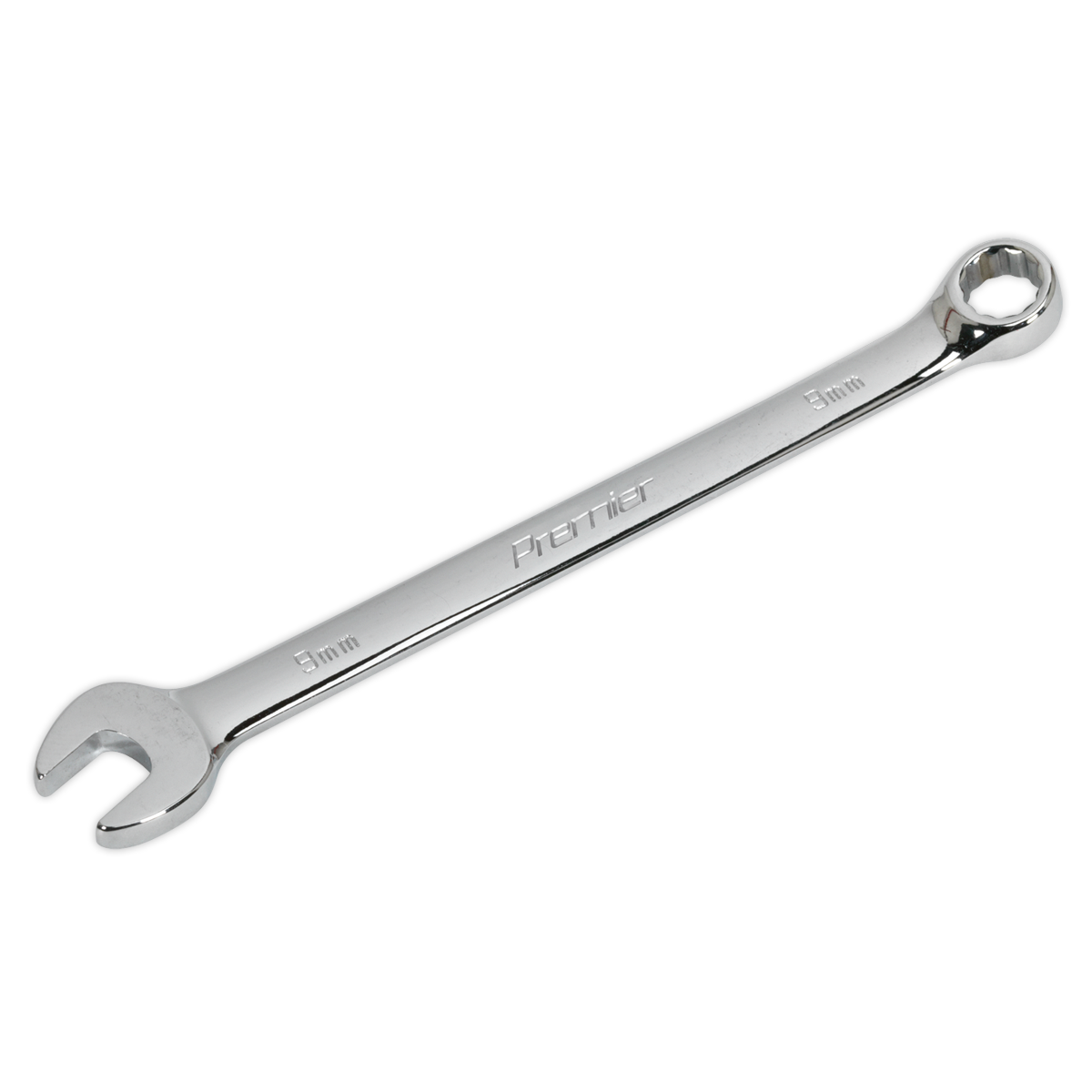 A Sealey Combination Spanner 9mm - CW09, crafted from durable Chrome Vanadium steel, features a silver open-ended design with both ends marked at 9mm.