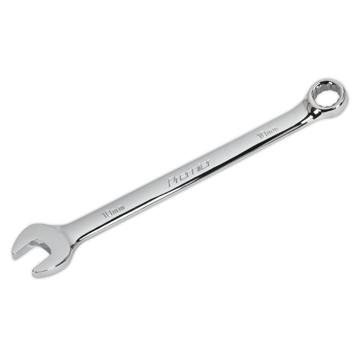 The 10mm Combination Spanner - CW10 by Sealey features an open-end on one side and a box-end on the other, crafted from durable Chrome Vanadium steel, epitomizing Sealey's commitment to quality.