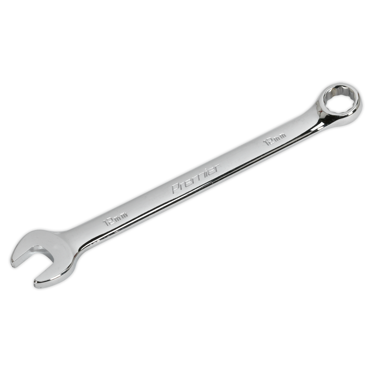 The Sealey Combination Spanner 12mm - CW12, crafted from Chrome Vanadium steel, boasts a chrome-plated finish and features both an open-end and a ring-end on opposite sides.