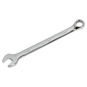 The Sealey Combination Spanner 12mm - CW12, crafted from Chrome Vanadium steel, boasts a chrome-plated finish and features both an open-end and a ring-end on opposite sides.