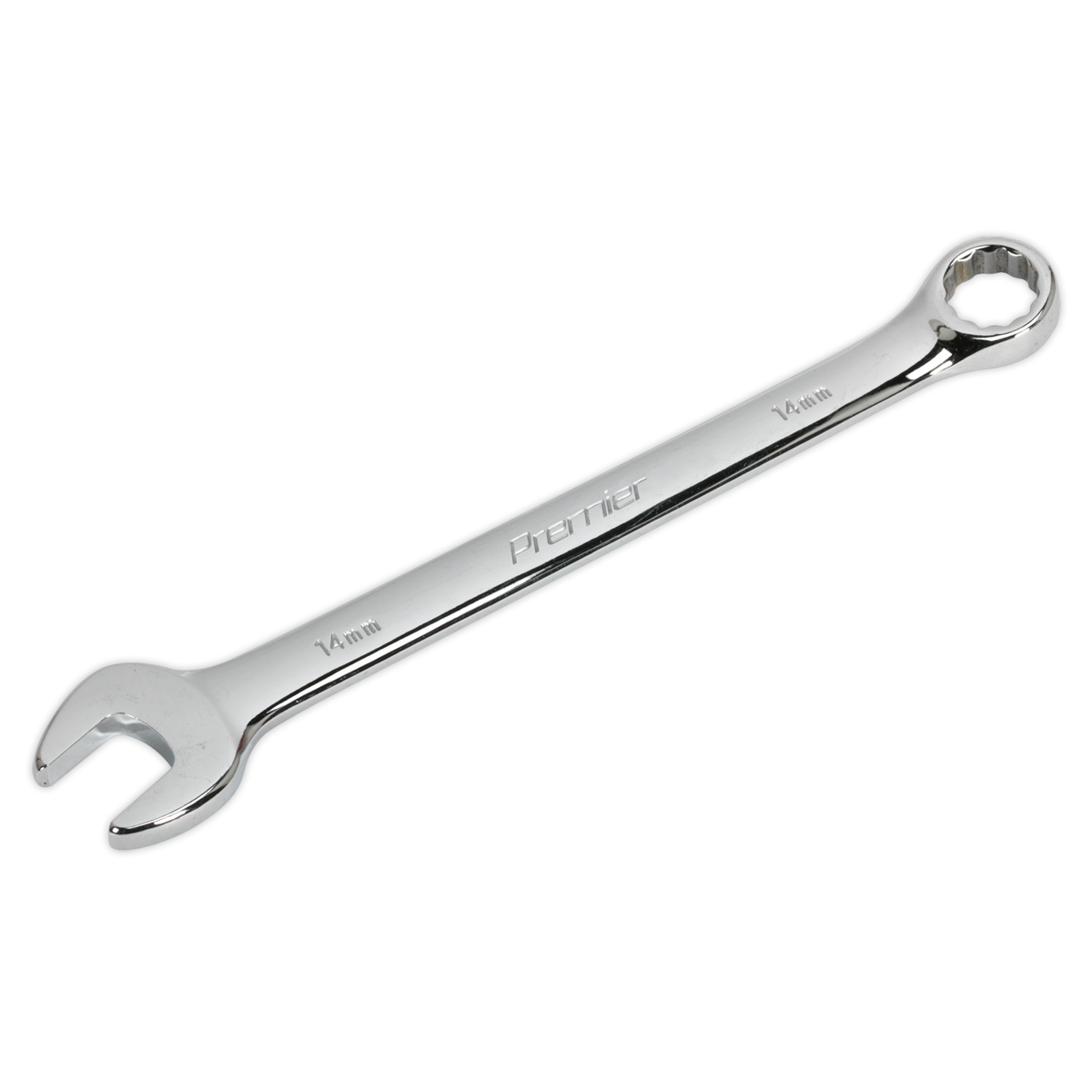 A 14 mm combination spanner labeled "Sealey," featuring both an open-end and a box-end, crafted from Chrome Vanadium steel by Premier Hand Tools, model CW14.