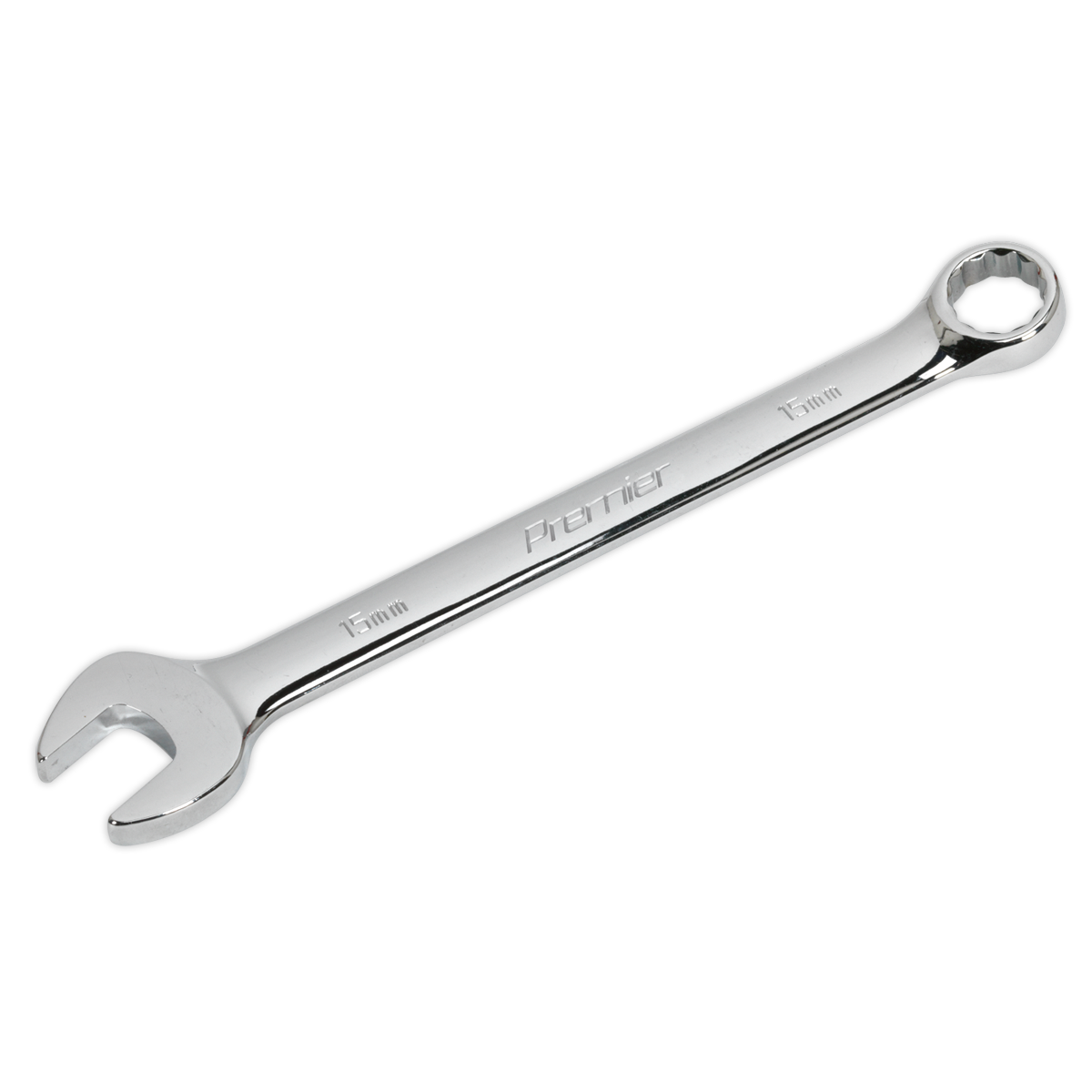 A 15mm Sealey Combination Spanner (CW15) with an open end on one side and a box end on the other, crafted from durable Chrome Vanadium steel.