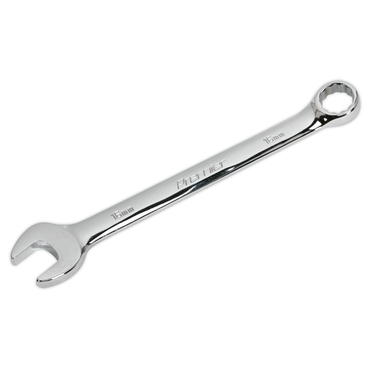 A 16mm Combination Spanner - CW16 with an open-end on one side and a box-end on the other, crafted from Chrome Vanadium steel for maximum durability, brought to you by Sealey.