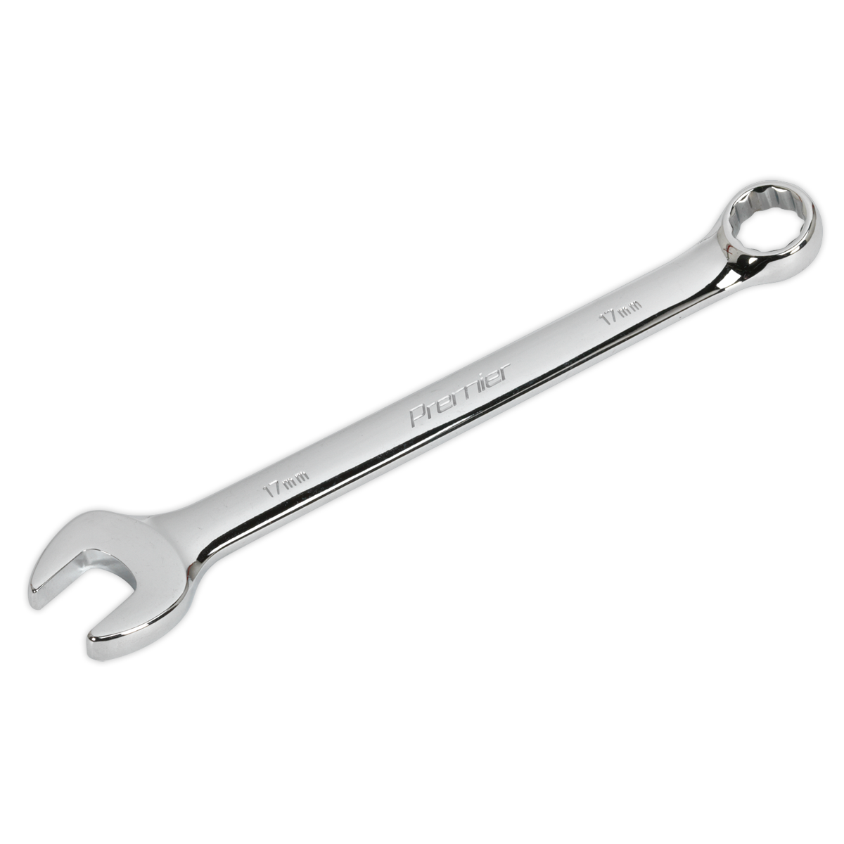 A shiny, chrome-plated Sealey Combination Spanner 17mm - CW17 with one closed ring end and one open end, made of durable Chrome Vanadium steel.