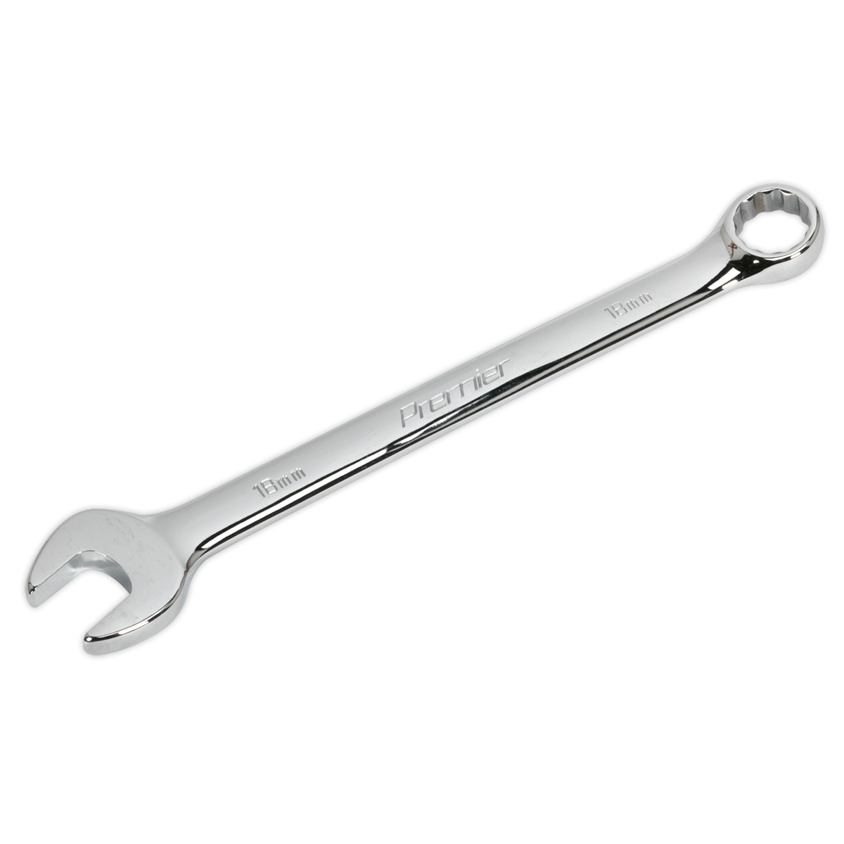 A silver 18mm WallDrive Combination Spanner from Sealey, featuring an open end on one side and a box end on the other, crafted from durable Chrome Vanadium steel.