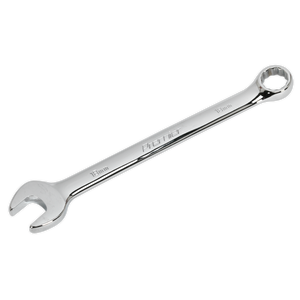 A silver 18mm WallDrive Combination Spanner from Sealey, featuring an open end on one side and a box end on the other, crafted from durable Chrome Vanadium steel.