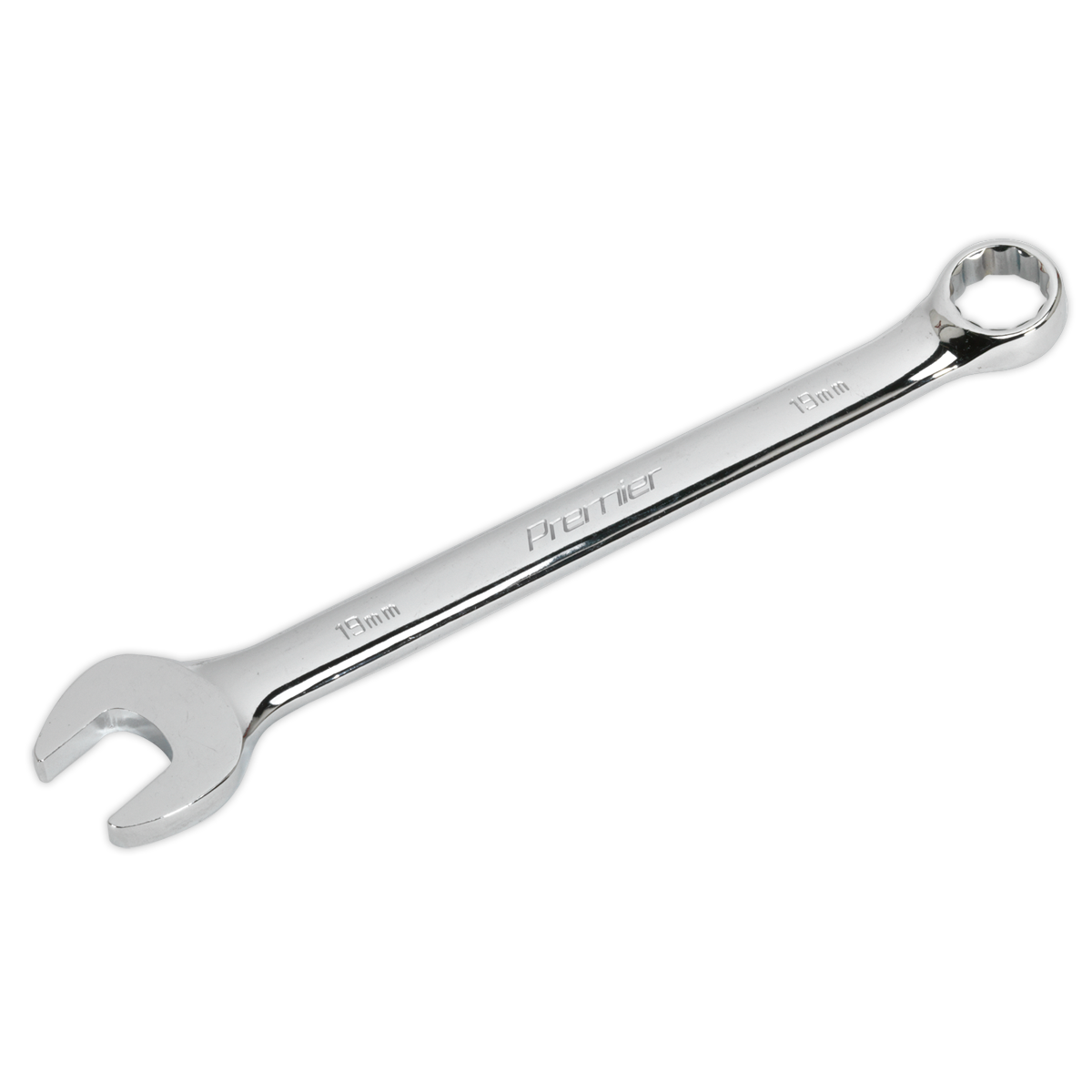 A chrome Vanadium steel WallDrive combination spanner with an open-end and a ring-end, marked with "Sealey" and "19mm" from Sealey Hand Tools.