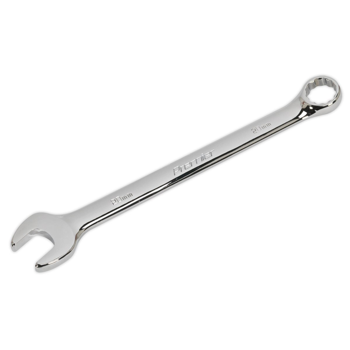 A shiny, metal Sealey Combination Spanner CW20 with an open-end on one side and a box-end on the other, crafted from Chrome Vanadium steel and measuring 20 mm in size.