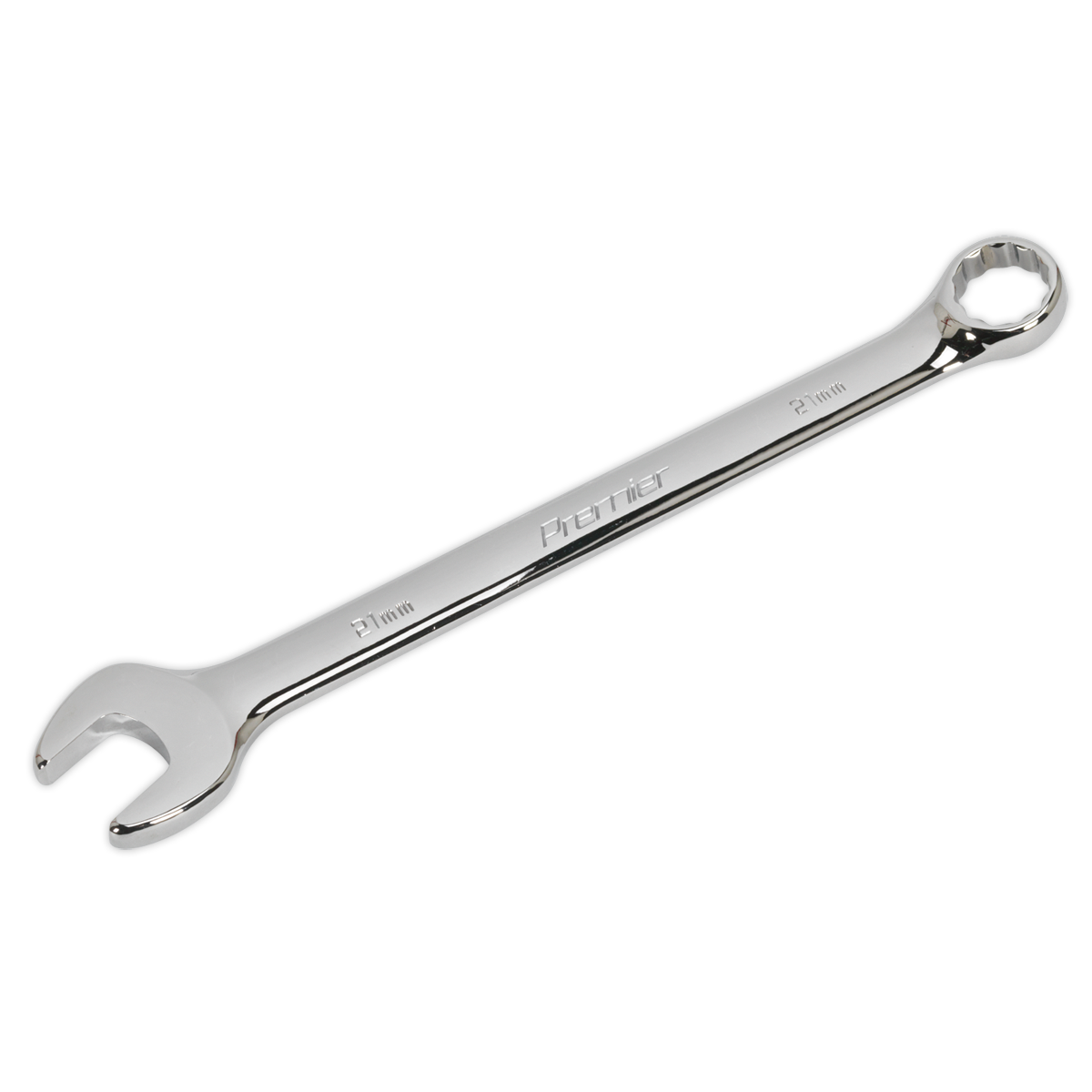 A shiny metal Combination Spanner 21mm - CW21 made of Chrome Vanadium steel with an open-ended and a boxed-end, marked as 21 mm, from Sealey.