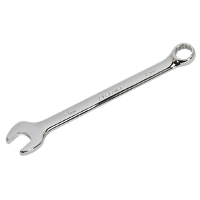 A shiny metal Combination Spanner 21mm - CW21 made of Chrome Vanadium steel with an open-ended and a boxed-end, marked as 21 mm, from Sealey.