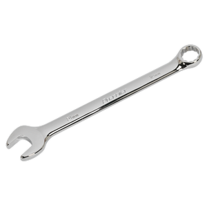 A shiny metal Combination Spanner 21mm - CW21 made of Chrome Vanadium steel with an open-ended and a boxed-end, marked as 21 mm, from Sealey.