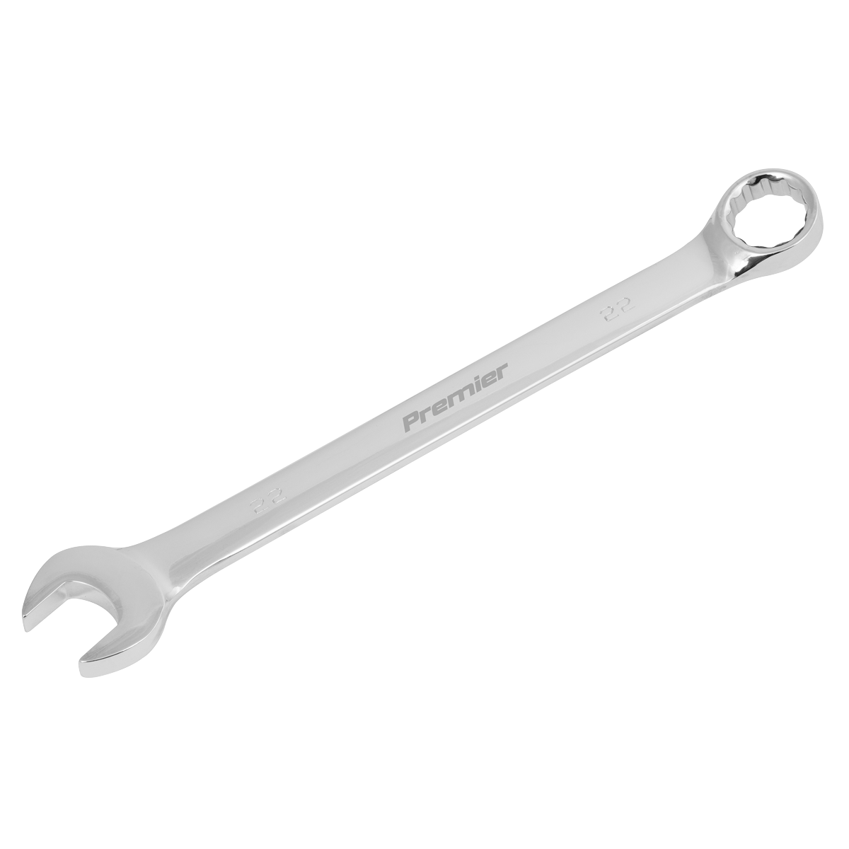 Image of a 22mm combination spanner with an open-end on one side and a box-end on the other. The Sealey brand name is visible on the handle, boasting Chrome Vanadium Steel construction that is both hardened and tempered for durability.