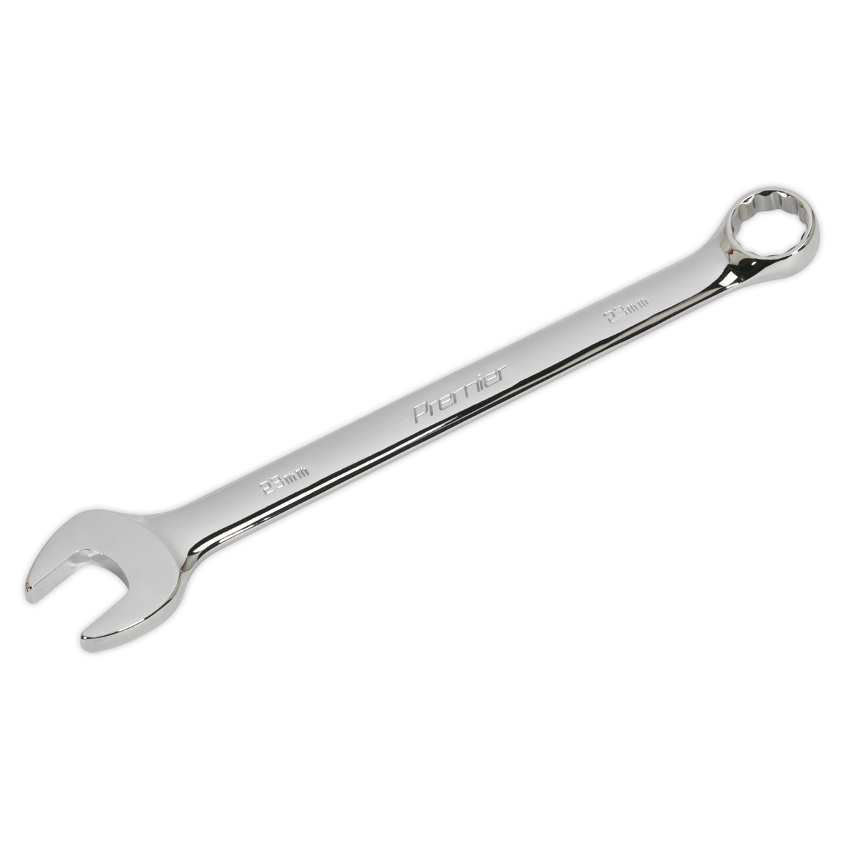 A Sealey Combination Spanner 23mm - CW23 in Chrome Vanadium steel features an open-end on one side and a box-end on the other.