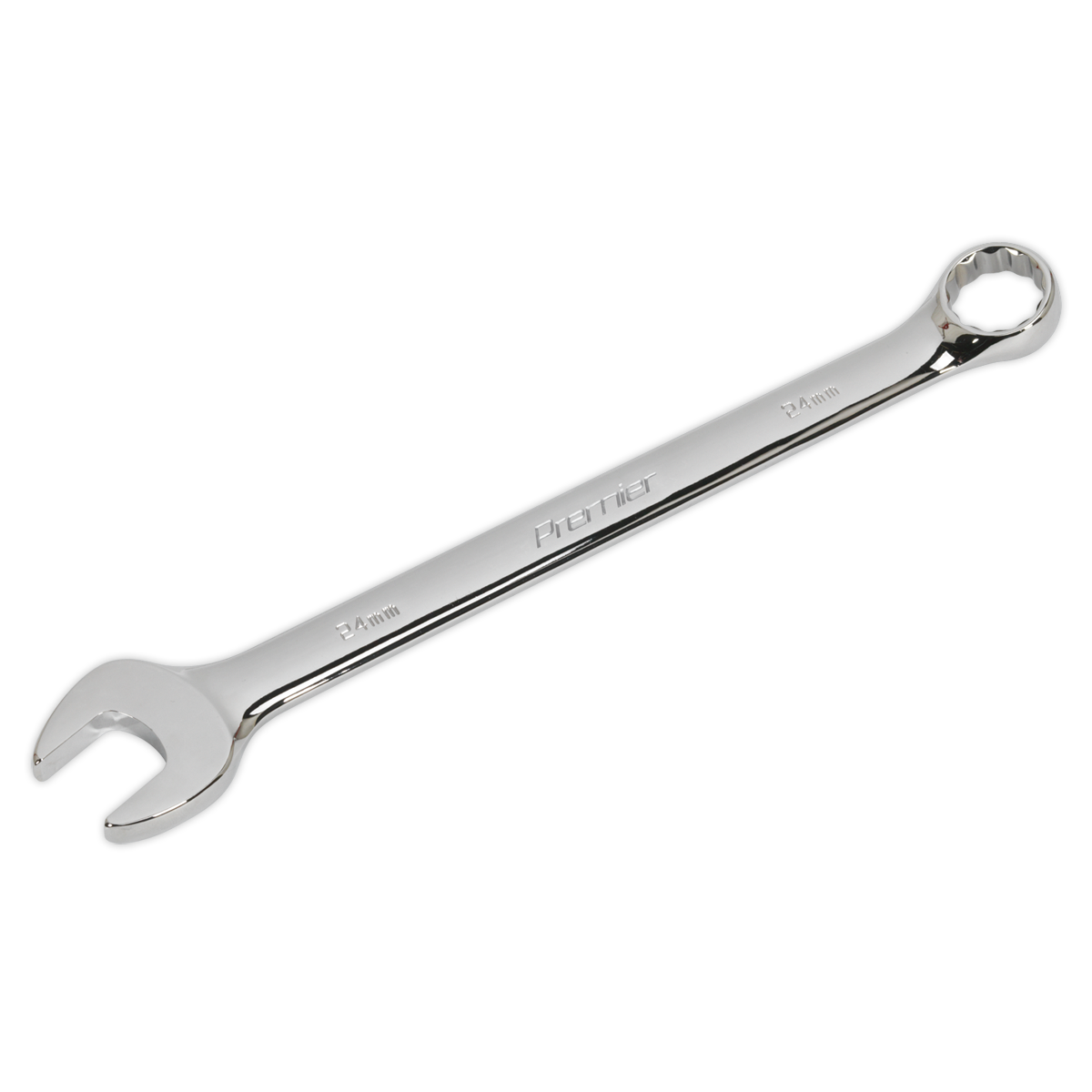 A Sealey Combination Spanner 24mm - CW24 crafted from durable Chrome Vanadium steel, featuring an open-end on one side and a box-end on the other. Labeled with "24 mm" and "Sealey" branding, this wrench ensures reliable performance for any task.