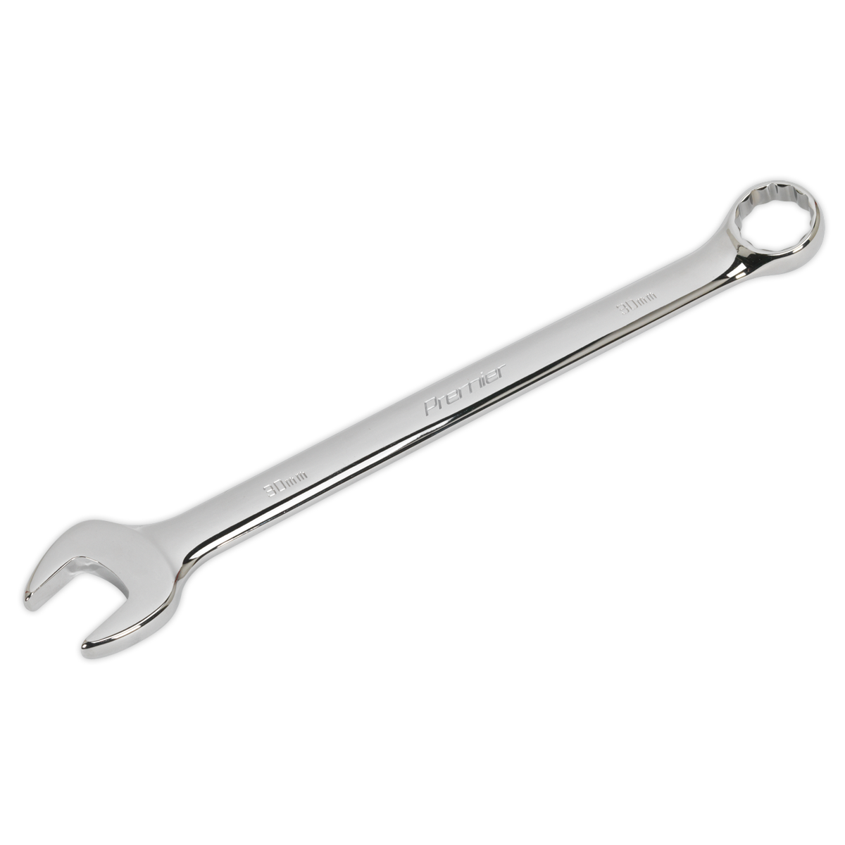 A Sealey Combination Spanner 30mm, model CW30, featuring open-end and box-end sides with the size 30 mm marked on both ends, is made from durable Chrome Vanadium steel.