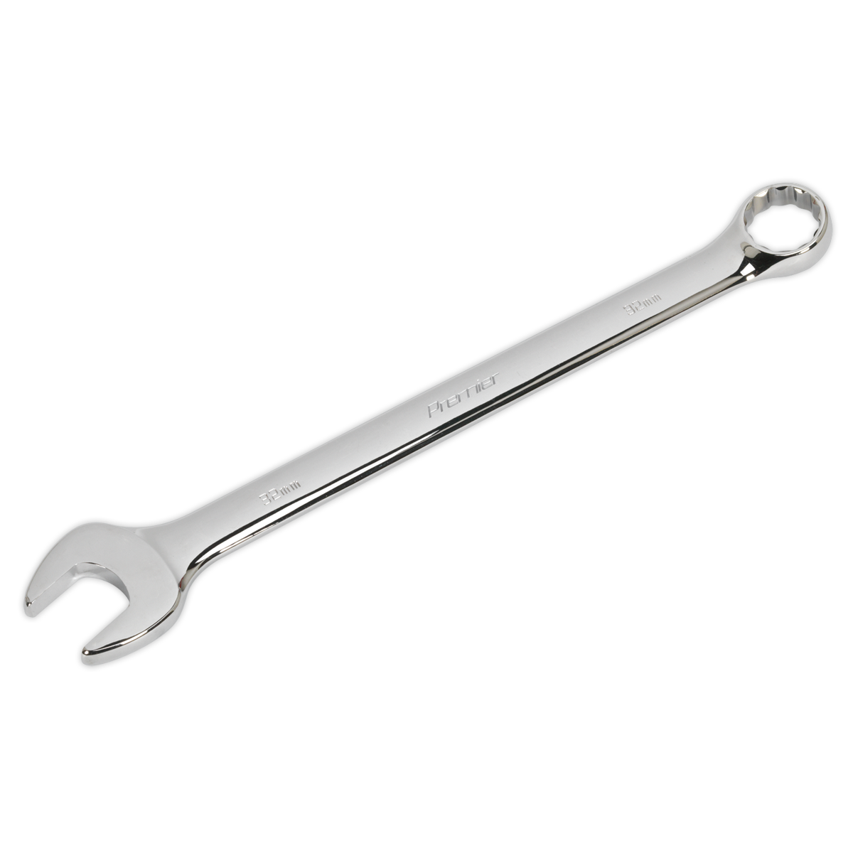 The Sealey Combination Spanner 32mm - CW32 is a chrome WallDrive spanner crafted from durable Chrome Vanadium steel, featuring both an open-end and box-end design, perfect for tightening or loosening nuts and bolts.