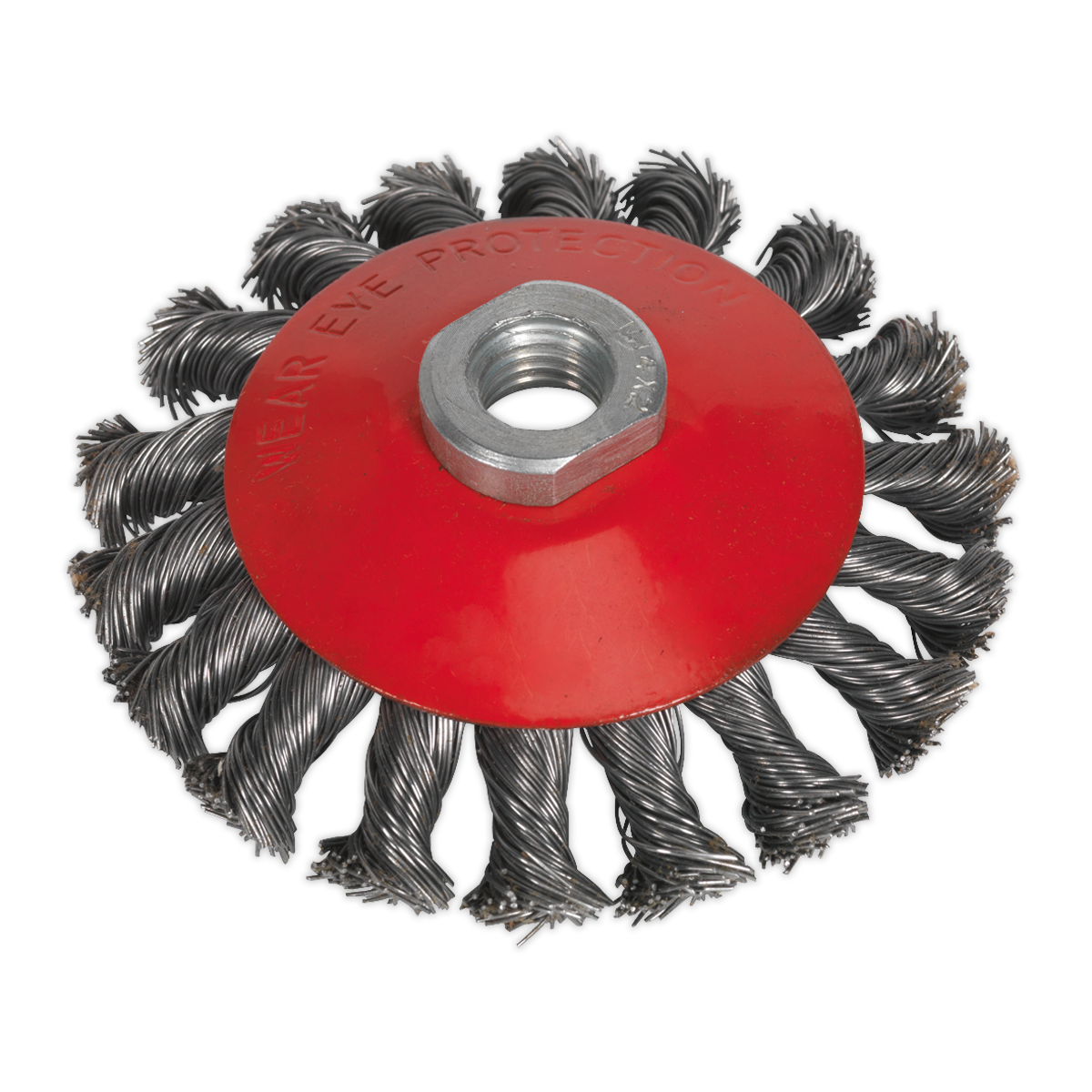 Introducing the Sealey Conical Wire Brush Ø100mm M10 x 1.5mm - CWB100, featuring twisted bristles and a red protective cover. This metal wire brush wheel is ideal for aggressive cleaning or polishing surfaces and is perfect for rust removal when paired with power tools.