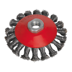 Introducing the Sealey Conical Wire Brush Ø100mm M10 x 1.5mm - CWB100, featuring twisted bristles and a red protective cover. This metal wire brush wheel is ideal for aggressive cleaning or polishing surfaces and is perfect for rust removal when paired with power tools.
