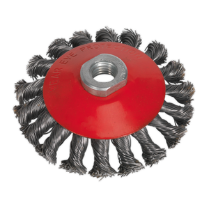 Introducing the Sealey Conical Wire Brush Ø100mm M10 x 1.5mm - CWB100, featuring twisted bristles and a red protective cover. This metal wire brush wheel is ideal for aggressive cleaning or polishing surfaces and is perfect for rust removal when paired with power tools.