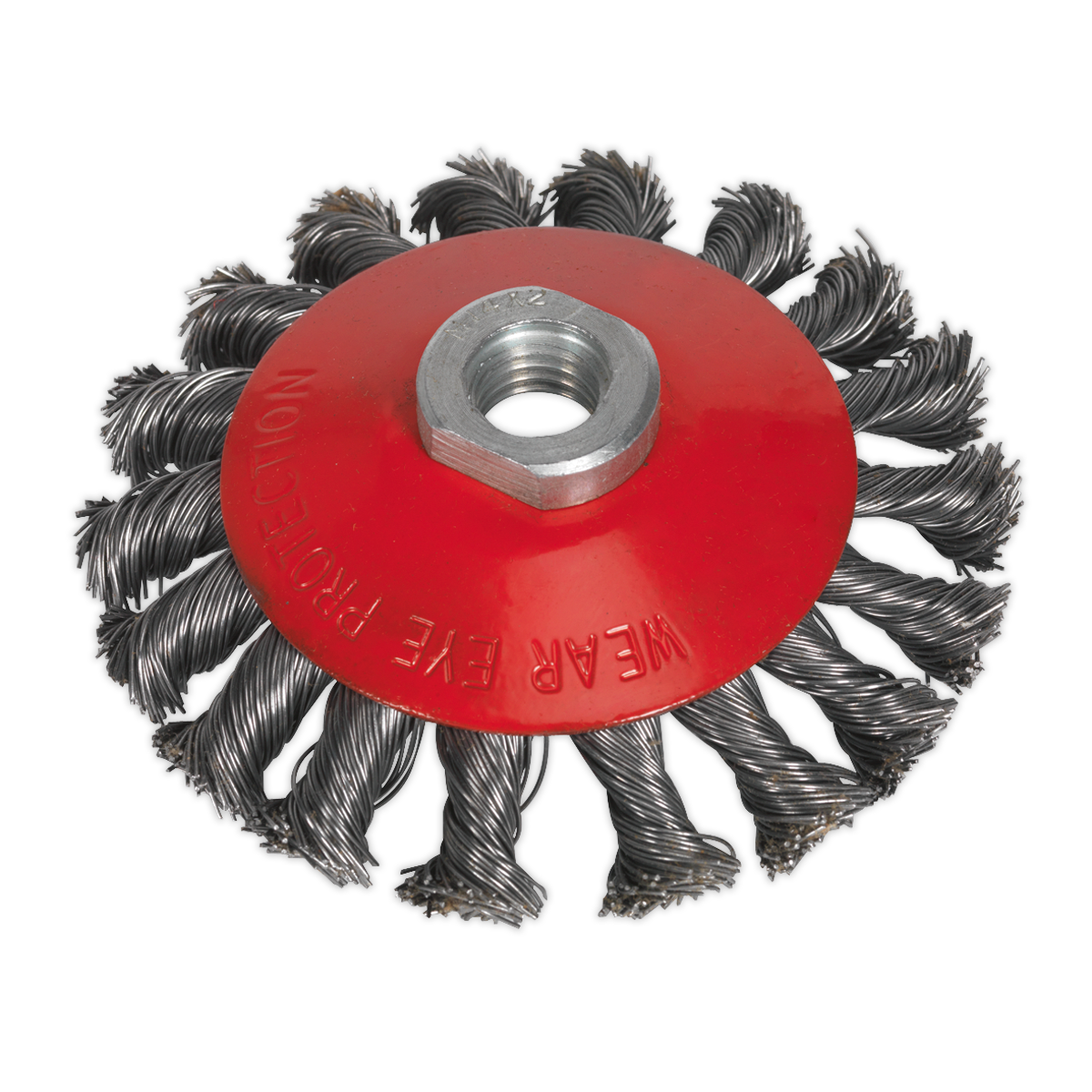 The Sealey Conical Wire Brush Ø100mm M14 x 2mm (CWB101) is perfect for aggressive cleaning and rust removal, featuring twisted steel wires and a central hole for attachment to power tools.