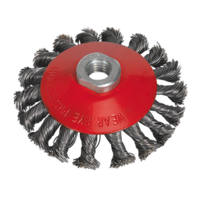 The Sealey Conical Wire Brush Ø100mm M14 x 2mm (CWB101) is perfect for aggressive cleaning and rust removal, featuring twisted steel wires and a central hole for attachment to power tools.