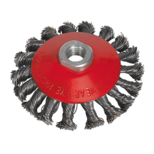 The Sealey Conical Wire Brush Ø100mm M14 x 2mm (CWB101) is perfect for aggressive cleaning and rust removal, featuring twisted steel wires and a central hole for attachment to power tools.