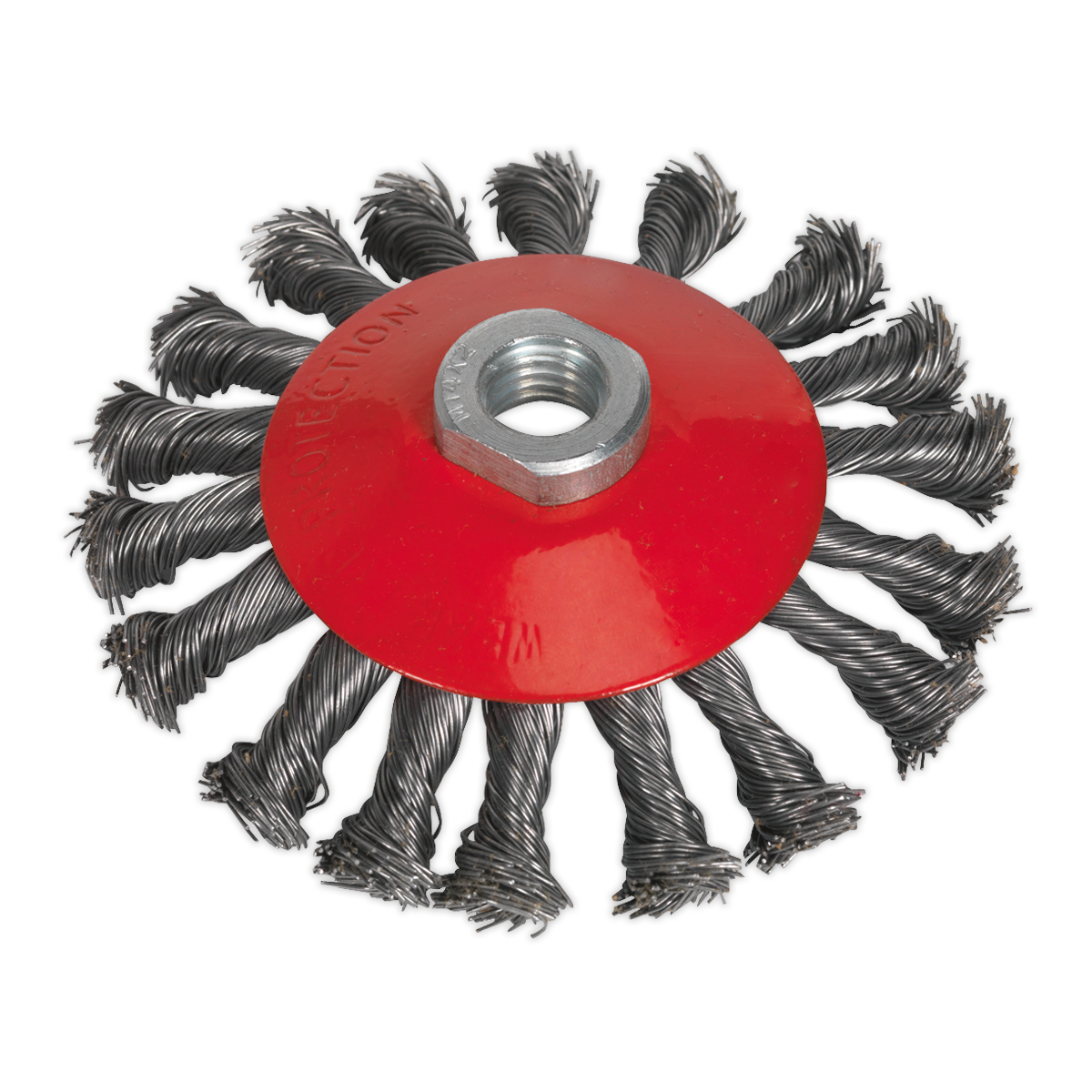 A Sealey Conical Wire Brush Ø115mm M14 x 2mm (CWB115) with twisted bristles and a central threaded hole is ideal for aggressive cleaning and heavy rust removal when mounted on power tools.