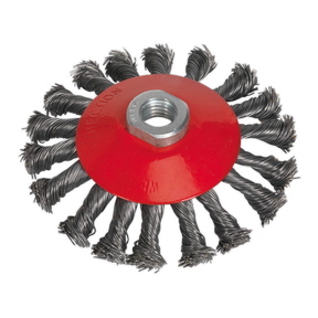 A Sealey Conical Wire Brush Ø115mm M14 x 2mm (CWB115) with twisted bristles and a central threaded hole is ideal for aggressive cleaning and heavy rust removal when mounted on power tools.