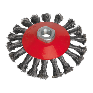 A Sealey Conical Wire Brush Ø115mm M14 x 2mm (CWB115) with twisted bristles and a central threaded hole is ideal for aggressive cleaning and heavy rust removal when mounted on power tools.