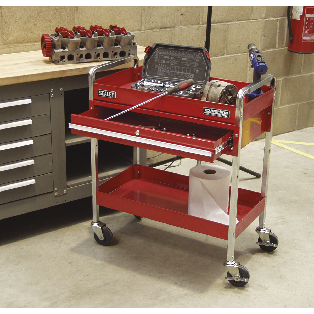 Trolley 2-Level Heavy-Duty with Lockable Drawer - CX101D - Farming Parts