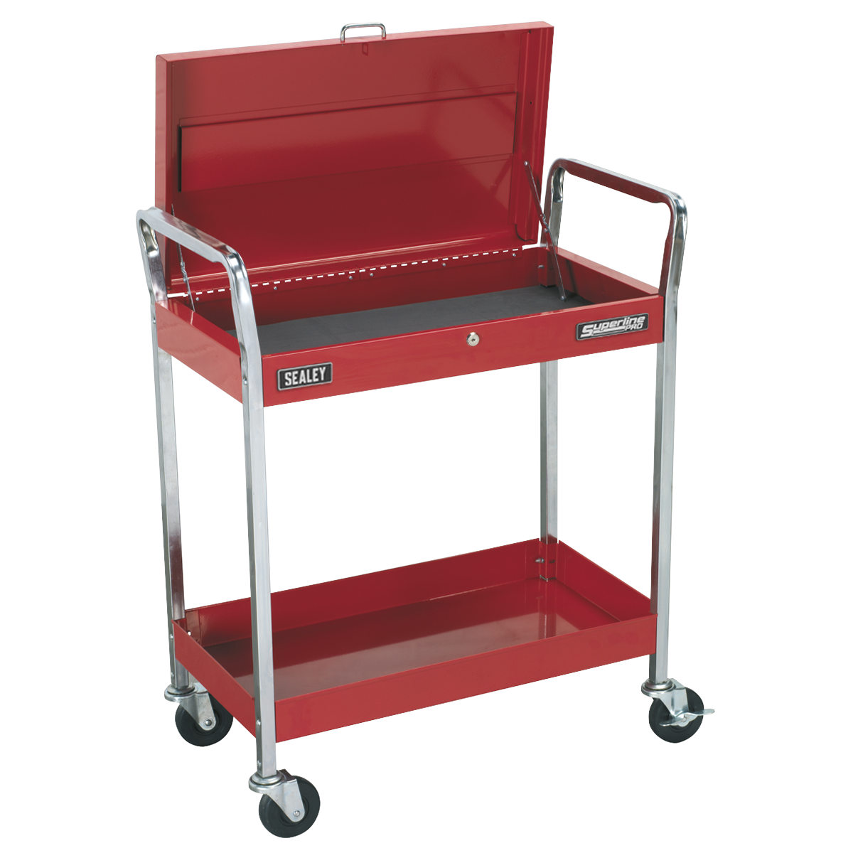 The Sealey Trolley 2-Level Heavy-Duty with Lockable Top - CX104, featuring an open top section, lockable top, lower shelf, and four caster wheels, is perfect for any workspace with its impressive 80kg capacity.